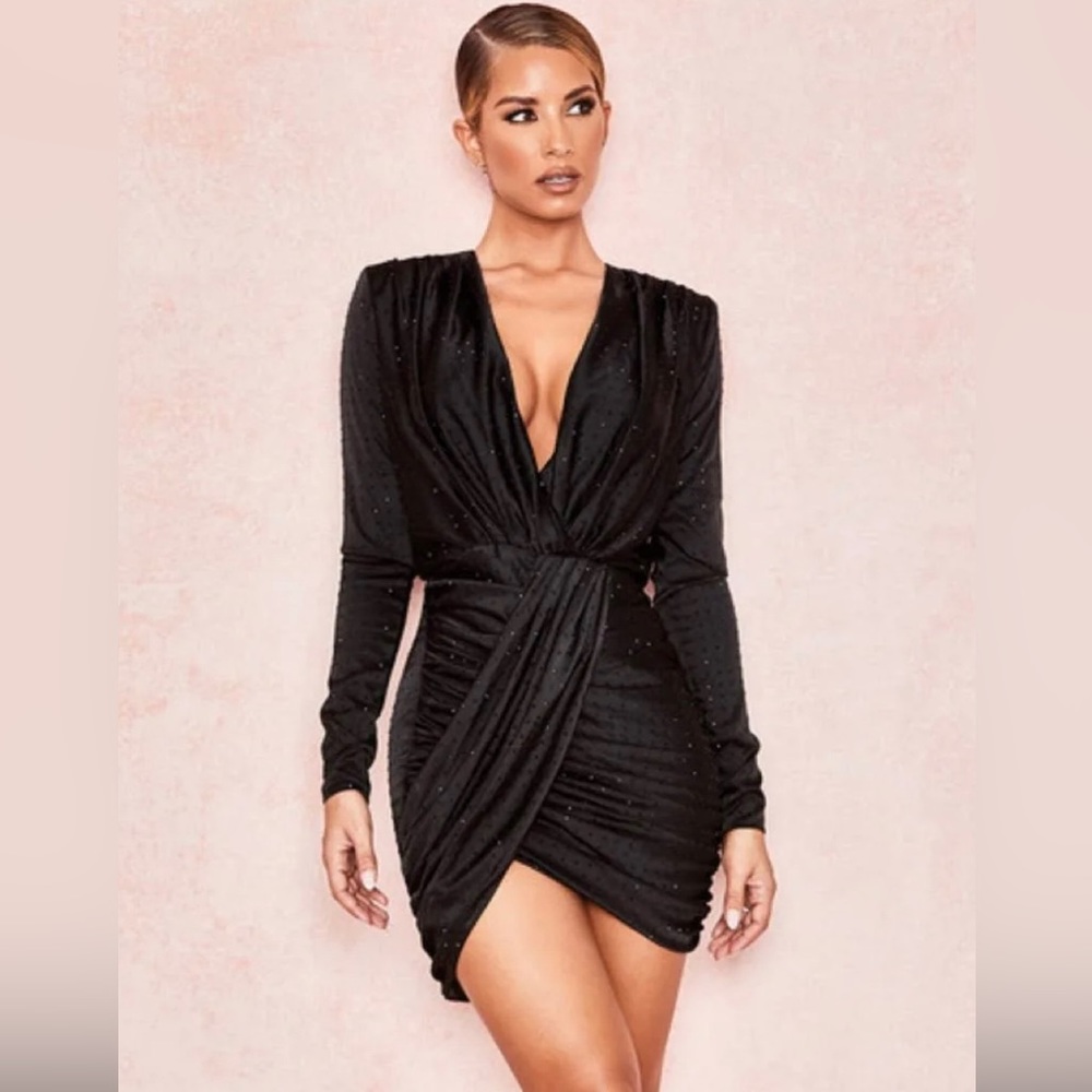 House of CB Black with Black Crystals, Deep V long sleeve cocktail dress